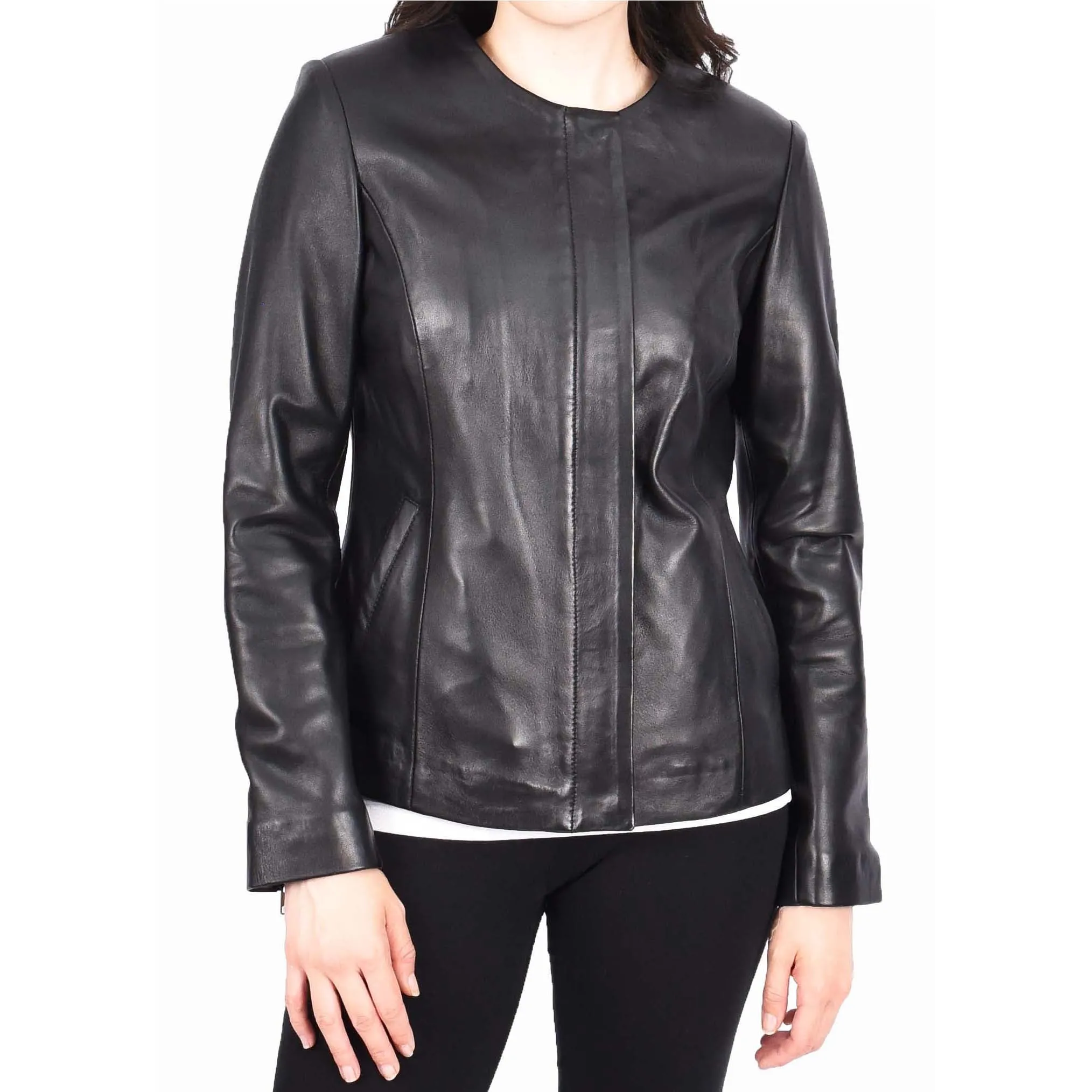 Women Black Leather Jacket Collarless Neckline Soft Fitted Zip Fasten Elena