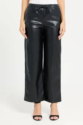 Women Black Leather Wide Leg  Pants