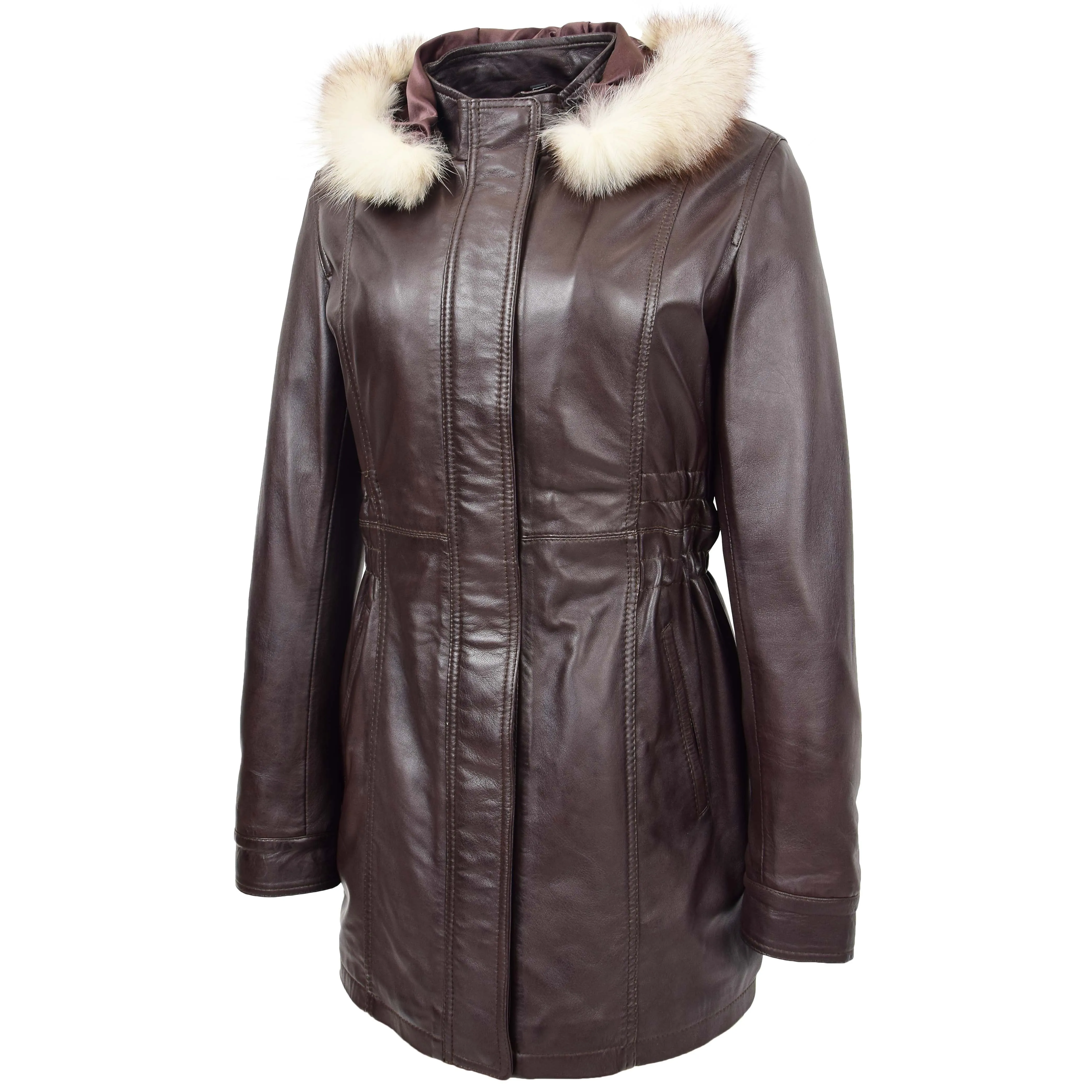 Womens Detachable Hoodie Leather Coat Kathy Brown