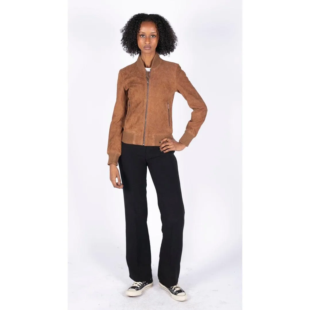 Womens Genuine Suede Bomber Jacket Leather Casual Varsity Vintage Casual