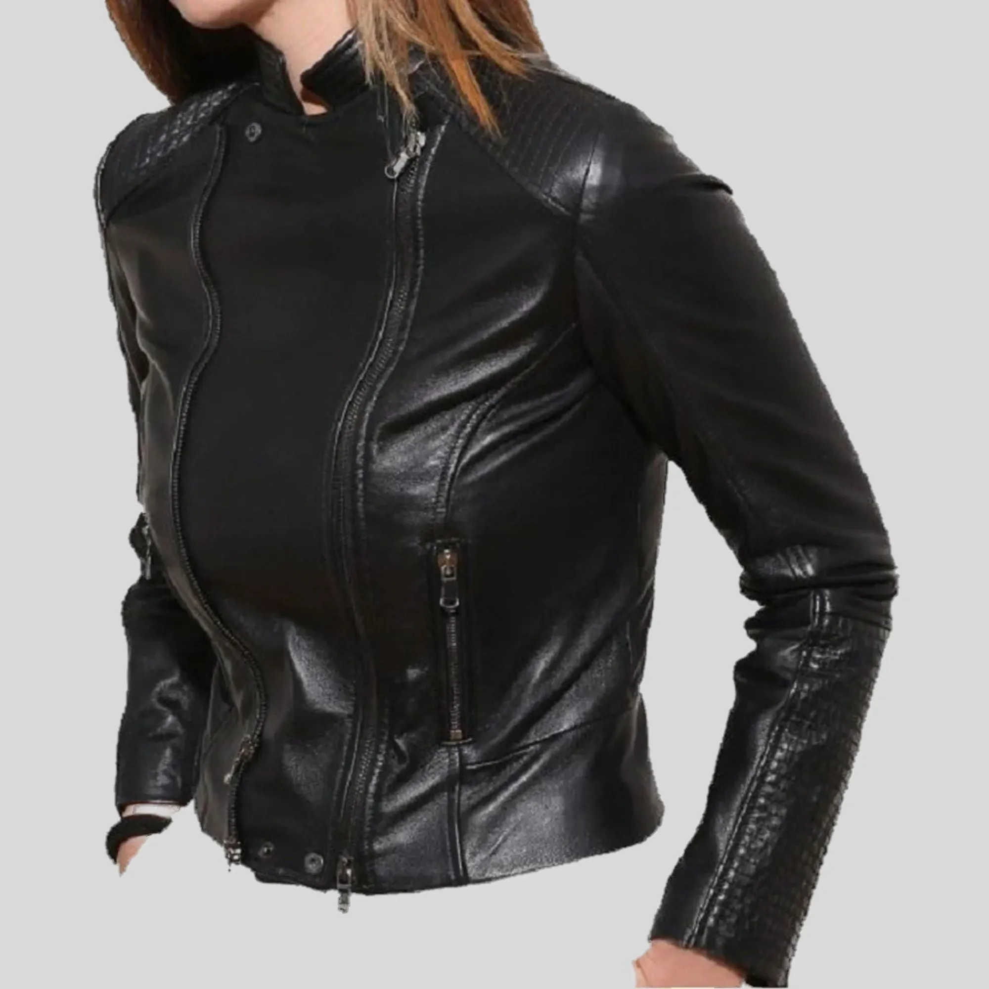 Women's Padded Slim Fit Racer Black Leather Jacket