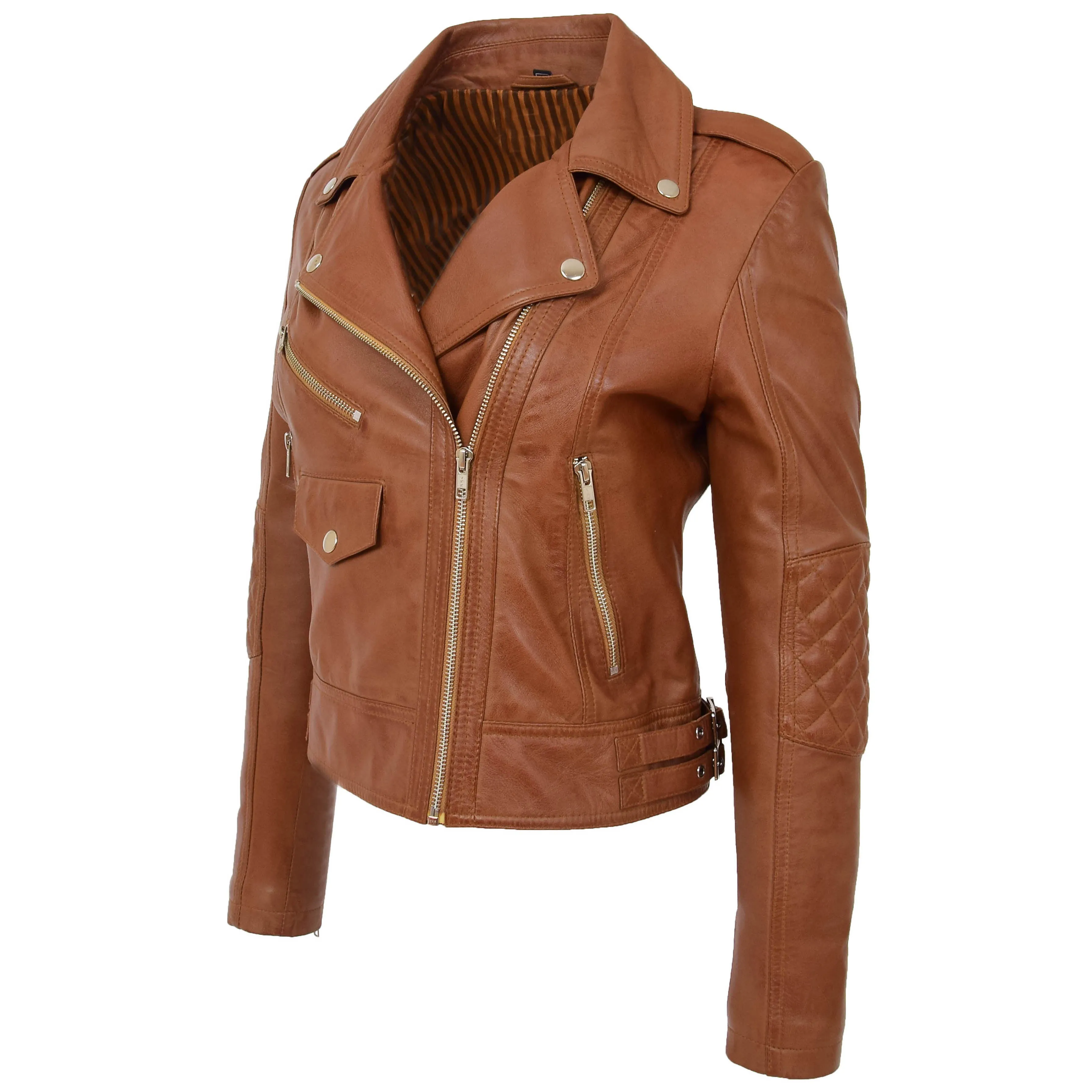 Womens Real Leather Biker Cross Zip Fashion Jacket Remi Tan