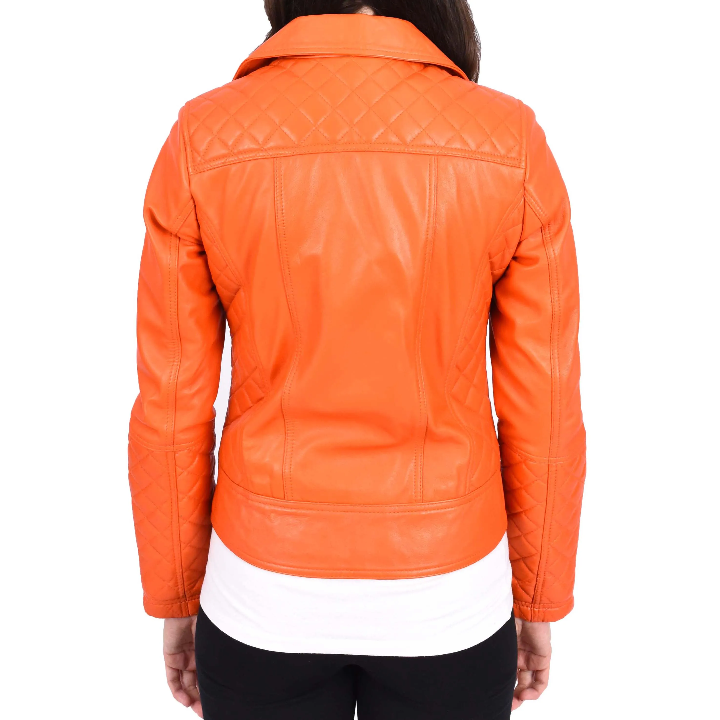 Womens Real Leather Jacket Orange Fitted Quilted Trendy Biker Style Bonnie