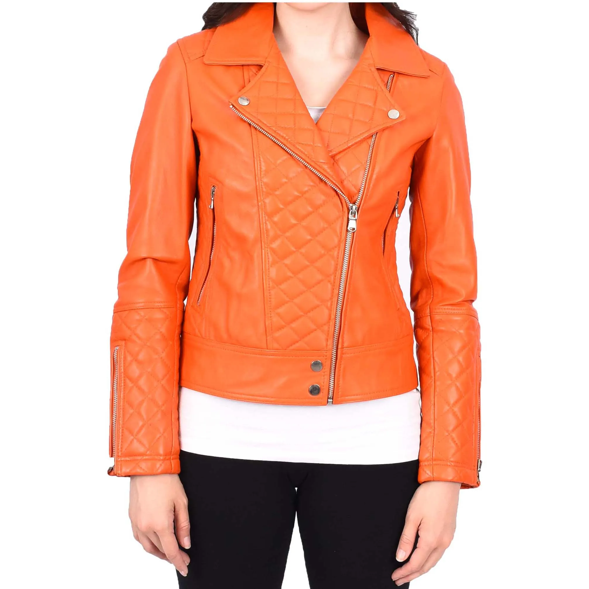 Womens Real Leather Jacket Orange Fitted Quilted Trendy Biker Style Bonnie