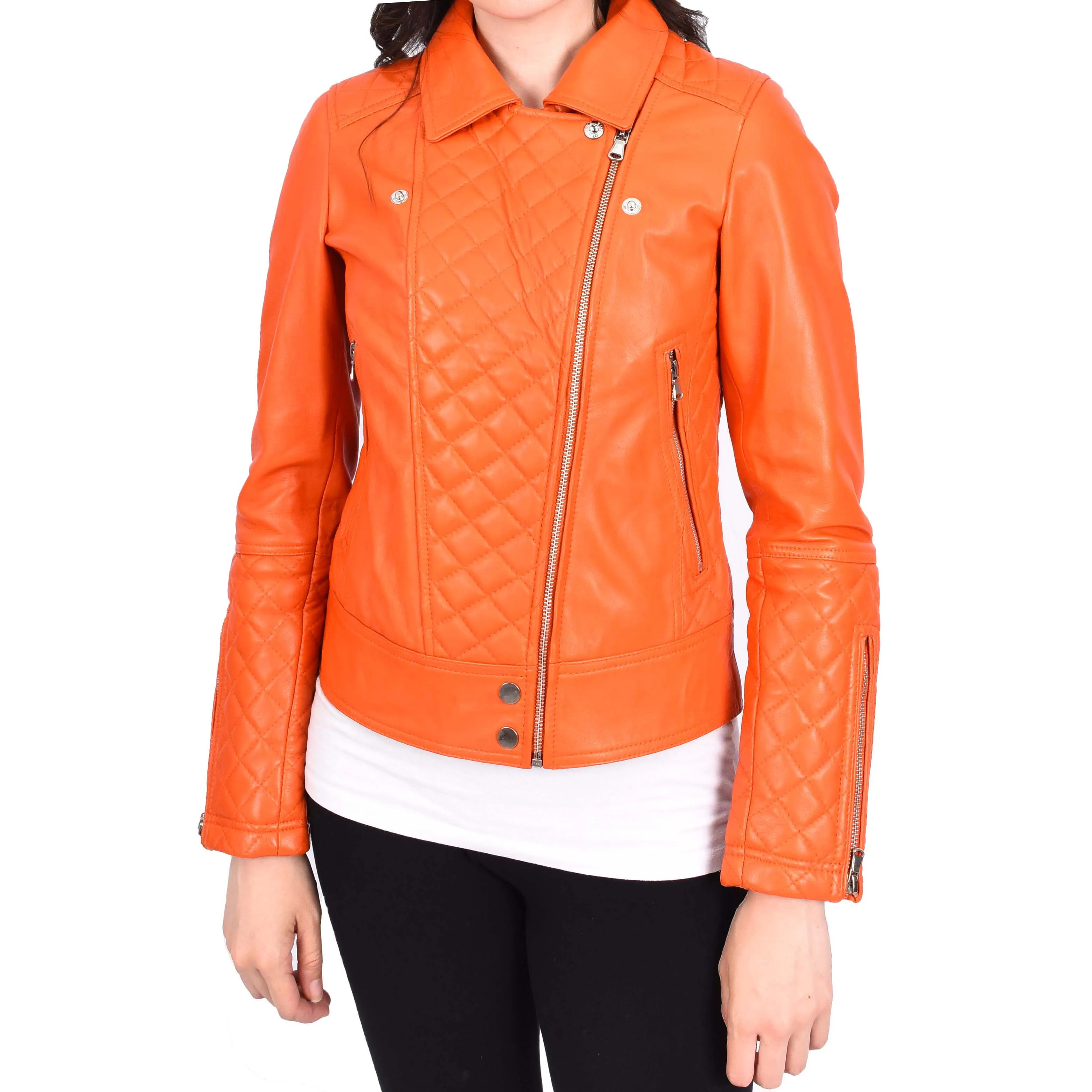 Womens Real Leather Jacket Orange Fitted Quilted Trendy Biker Style Bonnie