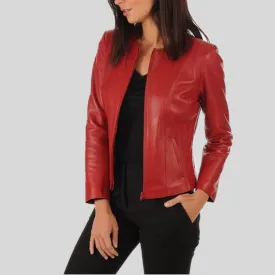 Women's Red Genuine Lambskin Cafe Racer Slim-Fit Leather Jacket