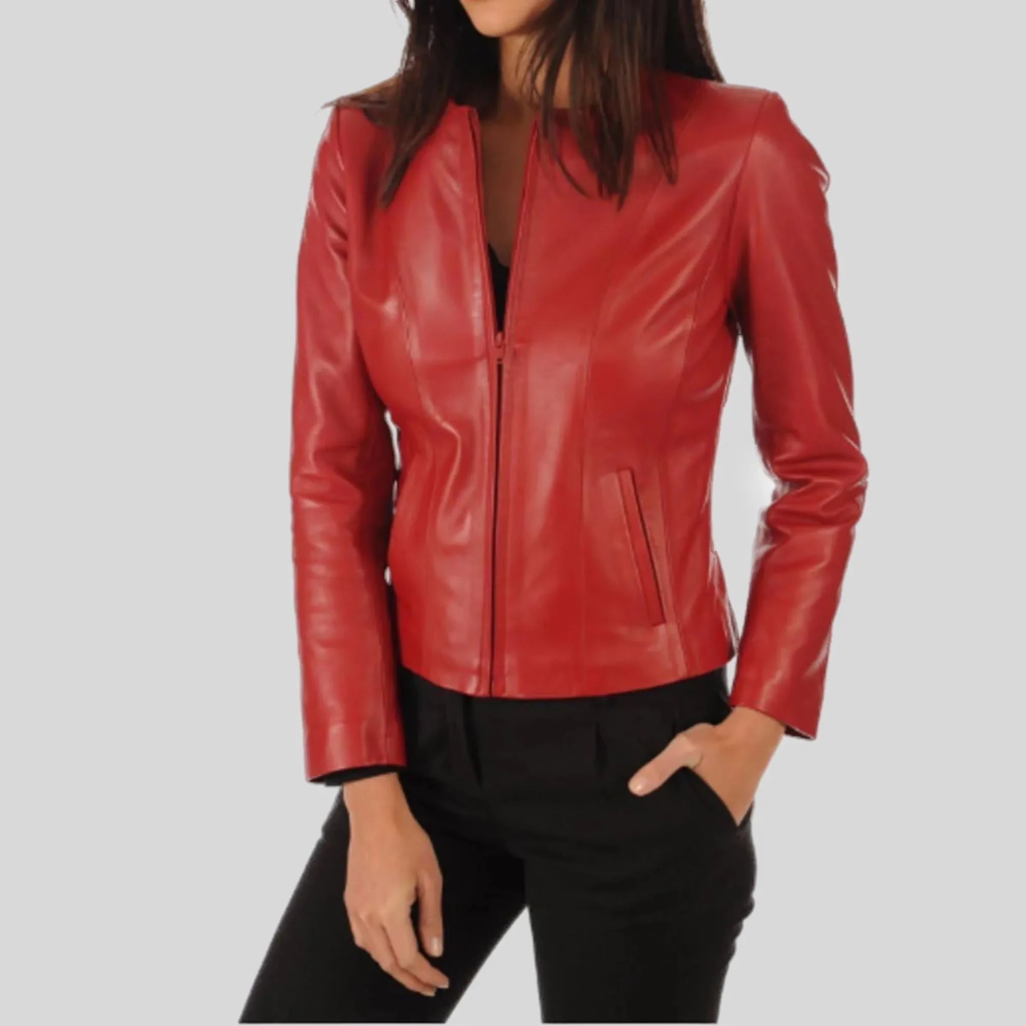 Women's Red Genuine Lambskin Cafe Racer Slim-Fit Leather Jacket