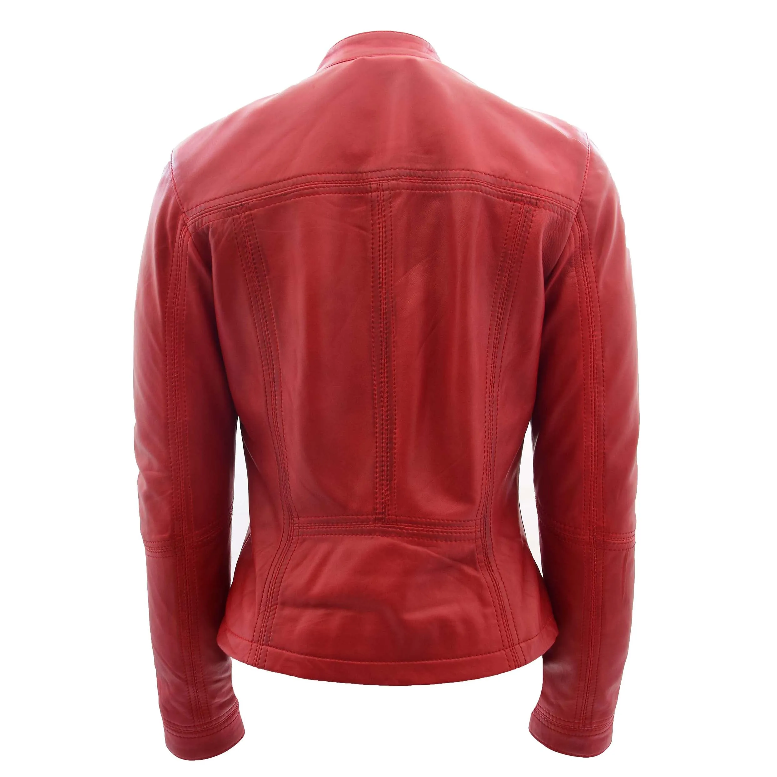 Womens Soft Leather Biker Jacket Fitted Zip Fasten Band Collar Casual Style Mia Red