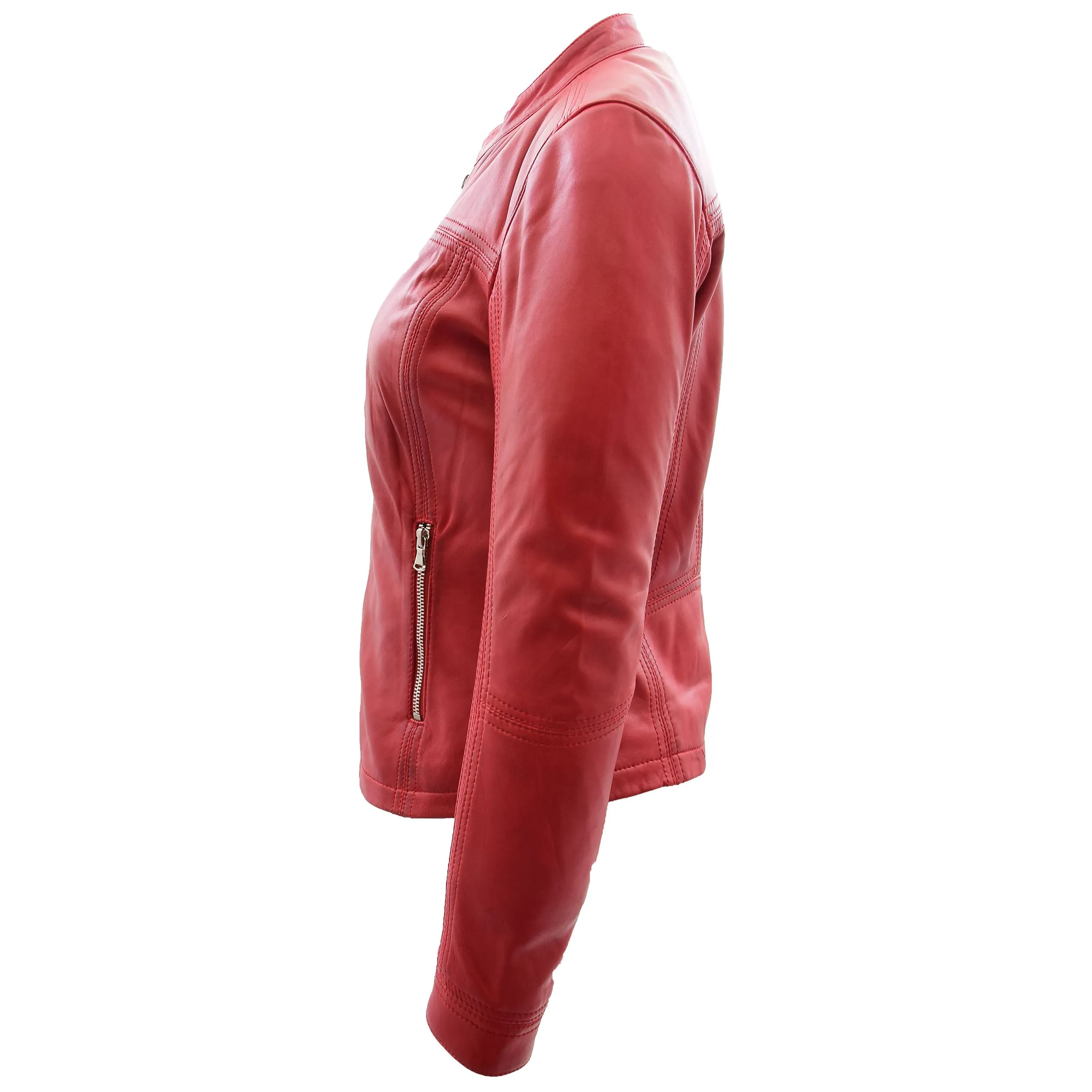 Womens Soft Leather Biker Jacket Fitted Zip Fasten Band Collar Casual Style Mia Red